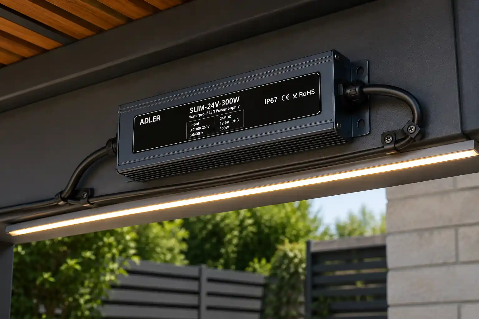 Derating křivka a výkonové parametry LED zdroje ADLER 24V 300W SLIM s deratingem od 30 stupňů a doporučeným zatížením 240W